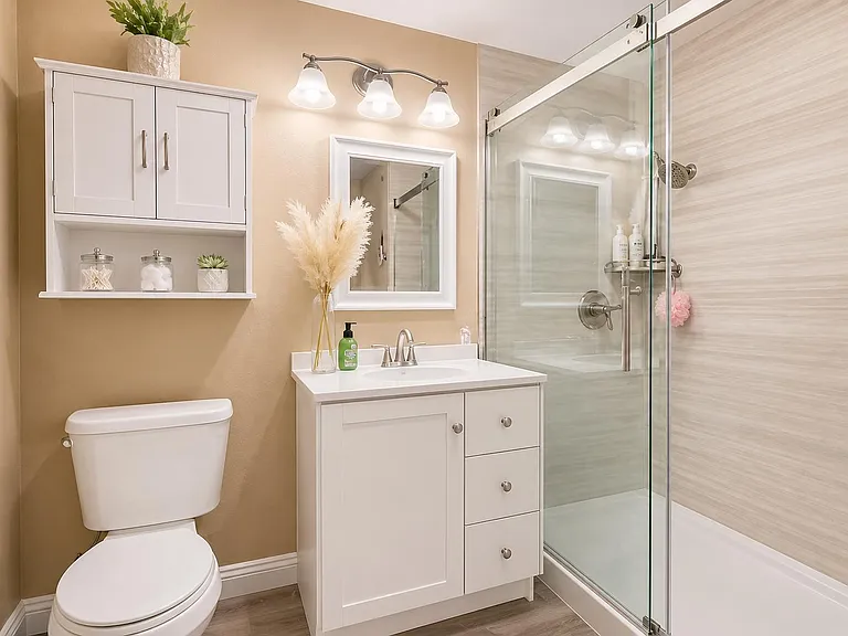Well-appointed bathroom with a single-sink vanity, mirrored medicine cabinet, and a glass-enclosed shower for easy upkeep.