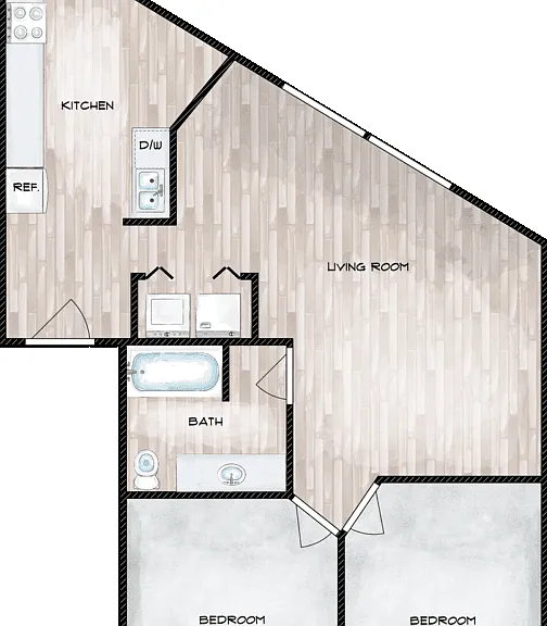 2 Bedroom 1 Bath Floorplan Diagram