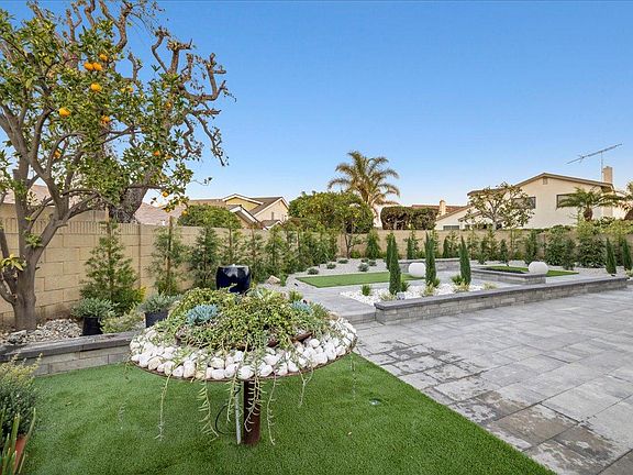 back yard with orange tree and raised succulent bed with drip system