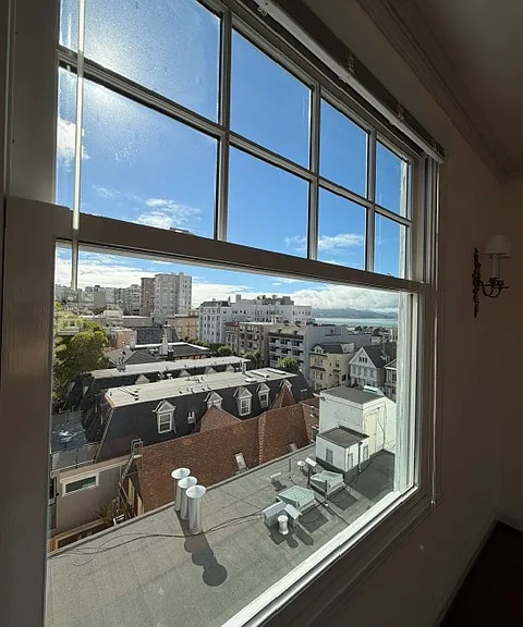 Living room looking Northwest toward bay and Golden Gate Bridge