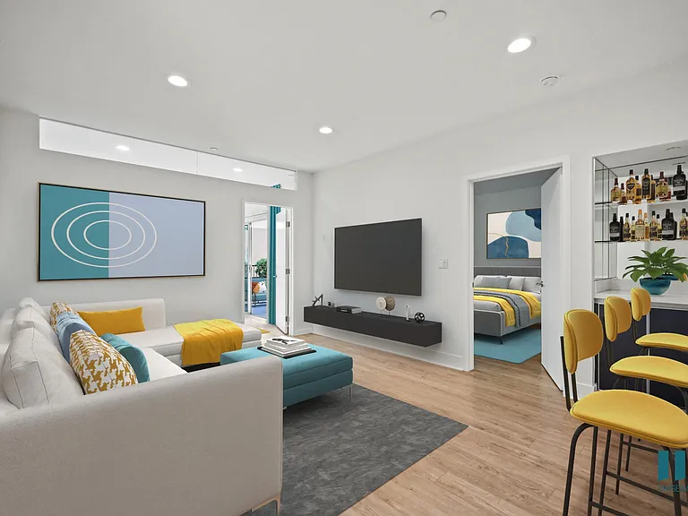 Living Room with Built-In Shelving, Recessed Lighting, and Vinyl Flooring