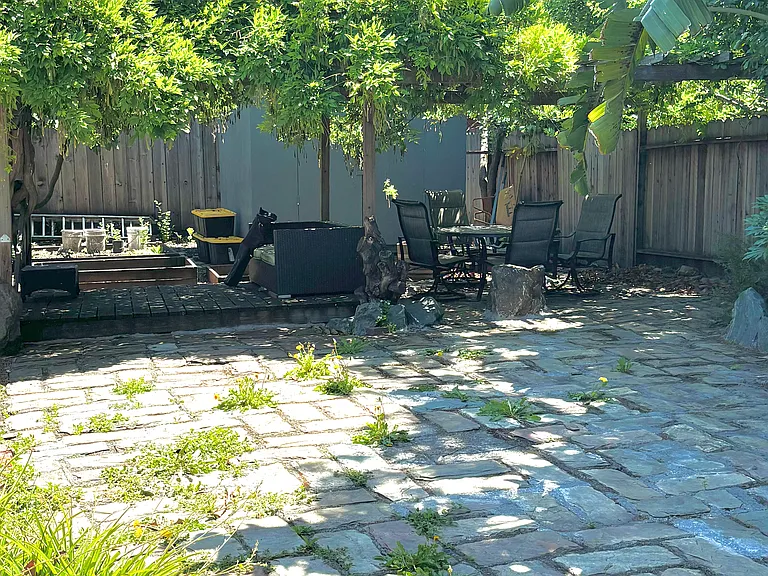 Large shared yard with shed.