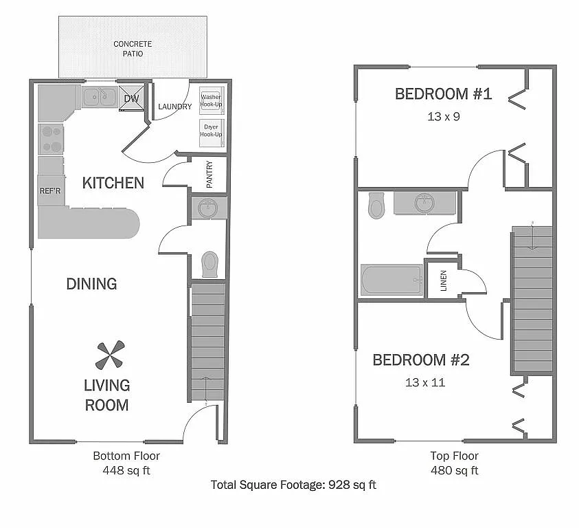 Floor plan 2 Bed 1.5 Bath TH