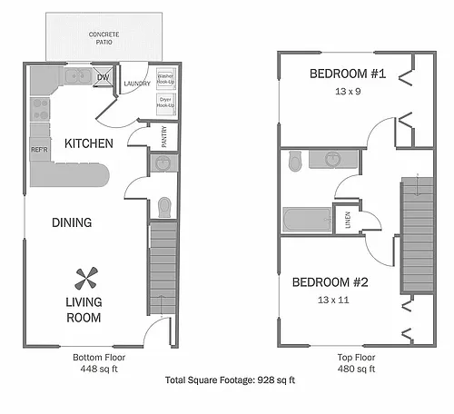 Floor plan 2 Bed 1.5 Bath TH