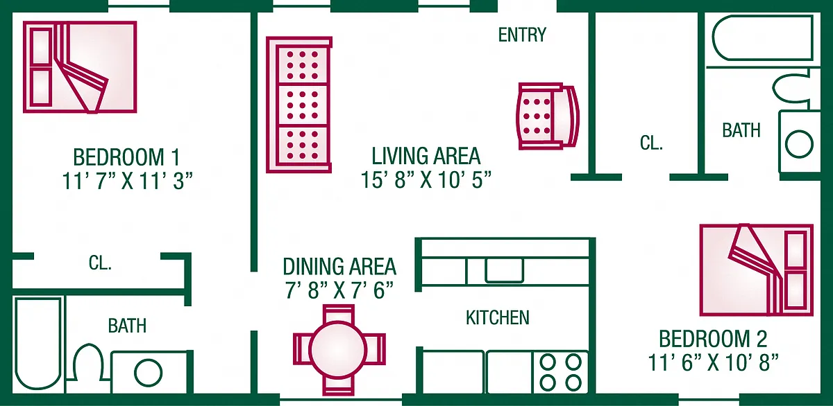 Floor plan 2 Bedroom / 2 Bath - Plan C