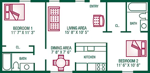 Floor plan 2 Bedroom / 2 Bath - Plan C
