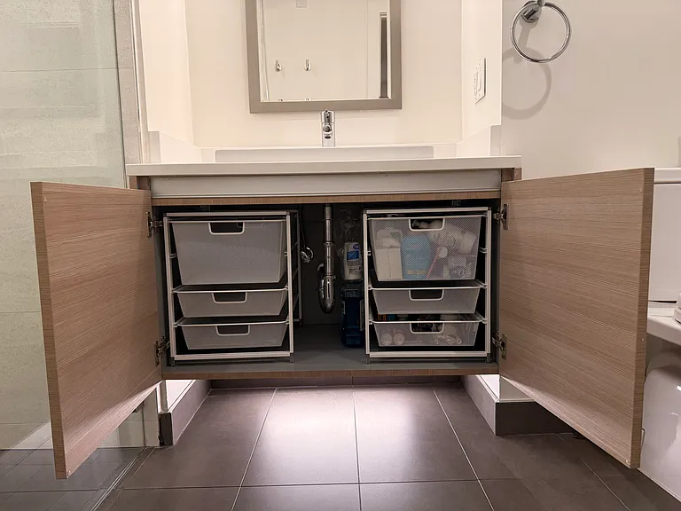Elfa Container Store cabinets for organizing all your toiletries.