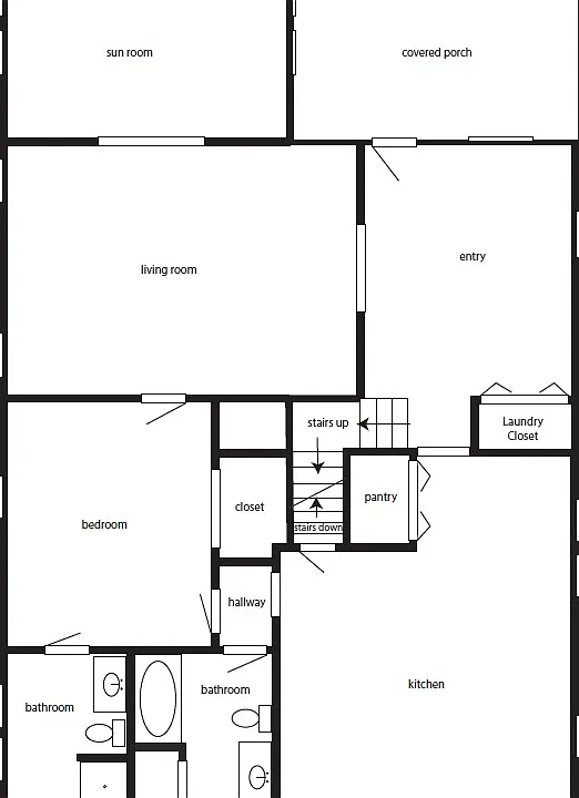 Main floor

Patio with swing chair and 2 chairs and ceiling fan.

Sunroom with piano, desk, seats.
Living room with sectional, TV, table & chairs for games, etc ...

Queen bedroom with attached bathroom.

Hall bathroom between bedroom and kitchen.