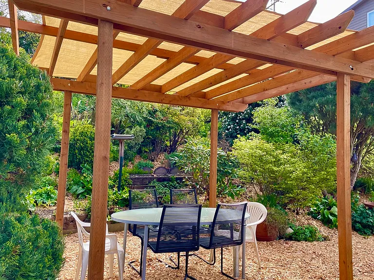 Shaded sitting area in gardens