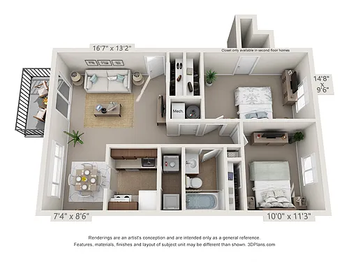Floor plan Hickory2 Bedroom, 1 Bath w/Balcony (W/D Conn.)