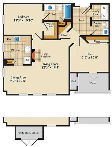 Floor plan 1 Bed 1.5 Bath Den