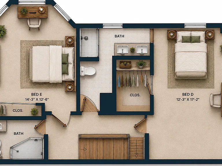 First upper floor with a MASSIVE master bedroom ( 200 sq ft) and generous sized second bedroom with bay windows. Each room has windows on 2 sides. These rooms share the master bath, accessible from the master and hall.