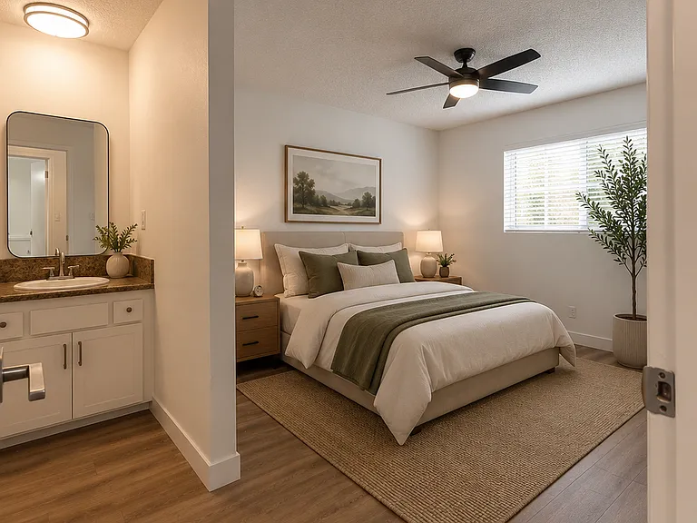 Split Level, Primary Bedroom-Digitally-rendered photo, measurements /proportions approximate