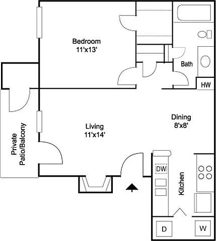 Floor plan Bristol 1BR 1BA 639 sq ft