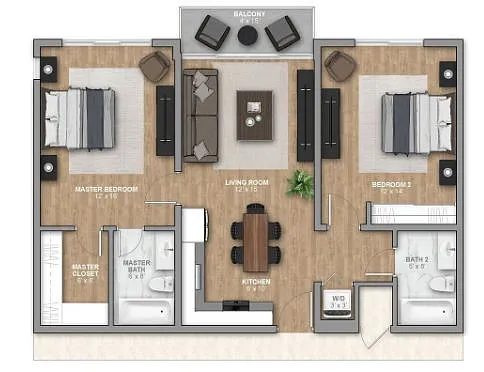 Floor plan Two Bedroom with Balcony