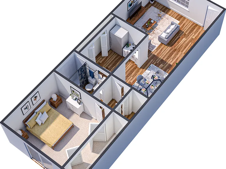 Large 1-bedroom floor plan with open living, dedicated dining, and private patio in bedroom Large 1-bedroom floor plan with open living, dedicated dining, and private patio in bedroom