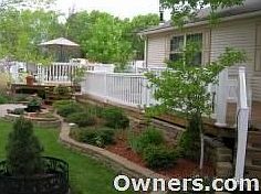 Backyard deck with landscaping.