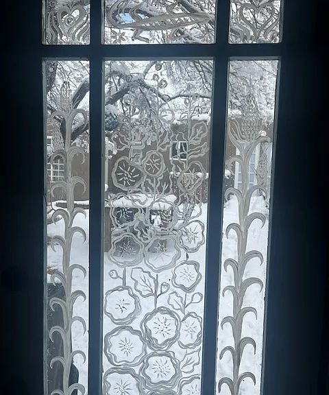 Hand painted windows looking from laundry room into back patio.