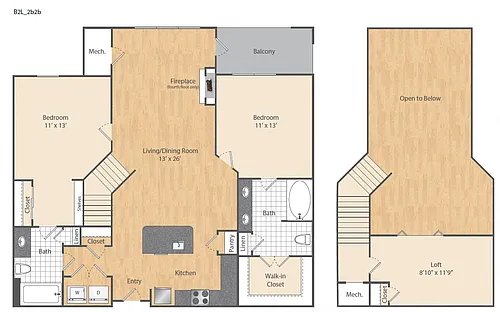 Floor plan 2 Bed/2 Bath Loft-B2L