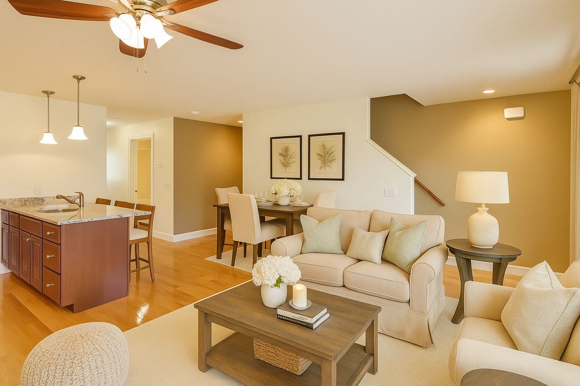 Oak wood floors, open layouts, and windows with curtain rods.