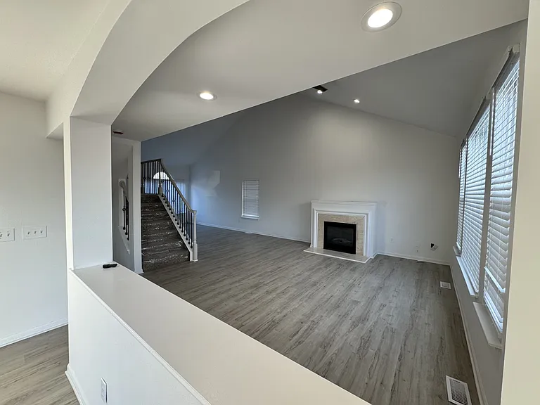 view of Great room fireplace from nook