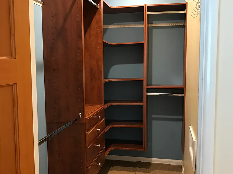 New walk-in closet has vaulted ceiling, recessed lighting, and organizer.