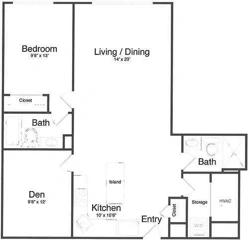 Floor plan 1 Bed/2 Bath Den-0B