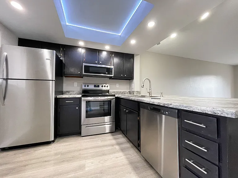 Chef-inspired kitchen with stainless steel appliances and a color-changing ceiling light.