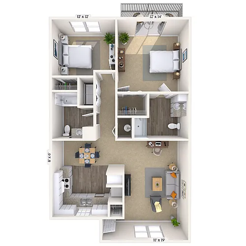 Floor plan 2BR 2BA (1000 SF)