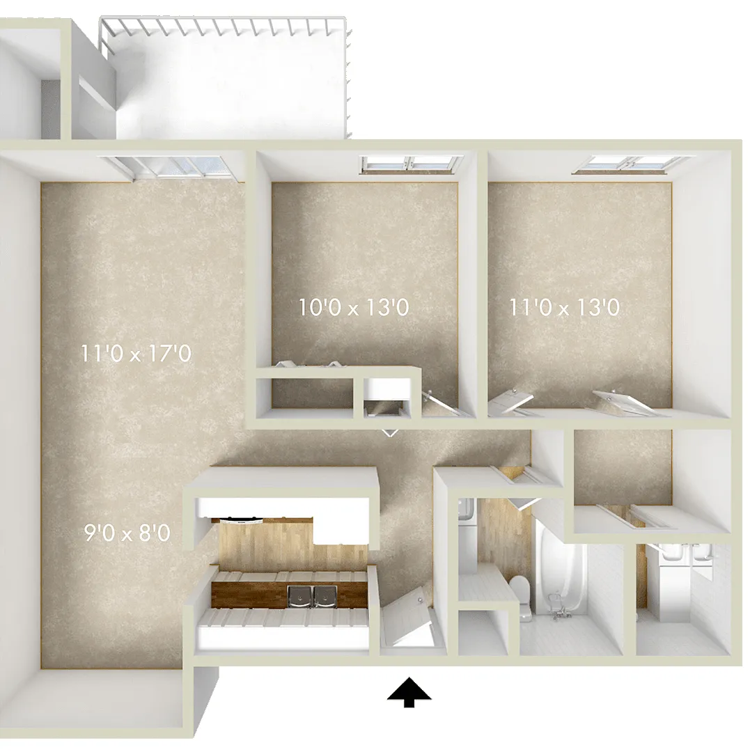 Floor plan 2BR 1.5BA 971SQFT 60%