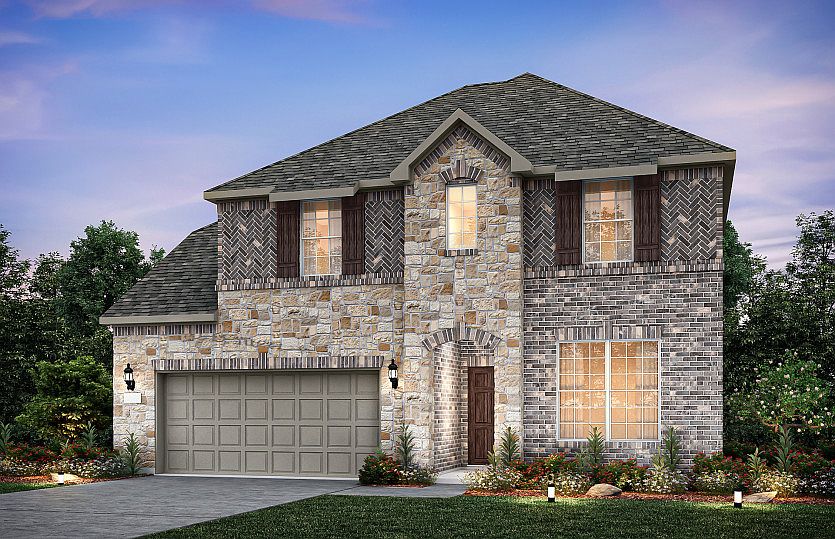 Exterior D with shutters, stone accents, and 2-car garage with additional storage Model representat