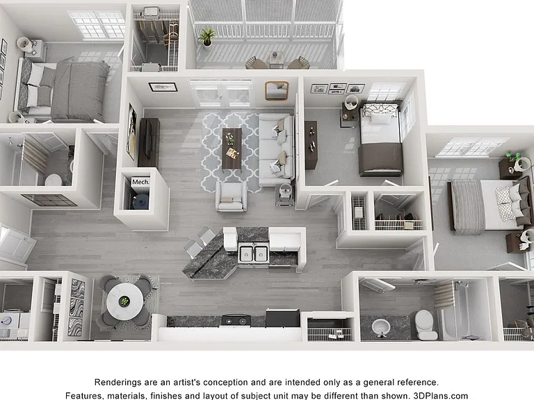 A 3D floor plan rendering of The Ryan.