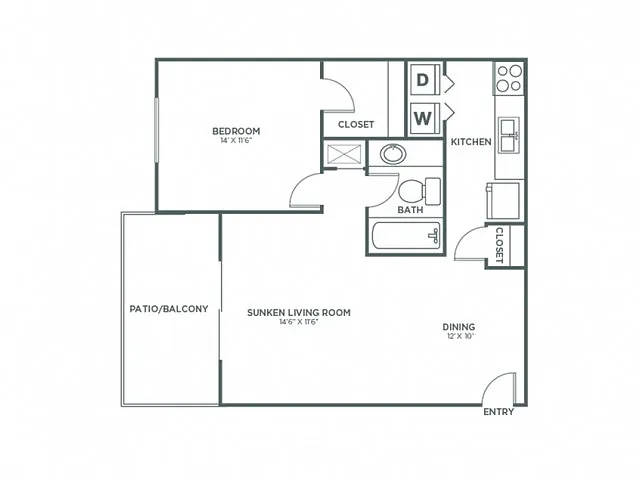 Floor plan One Bedroom One Bath (826 SF)