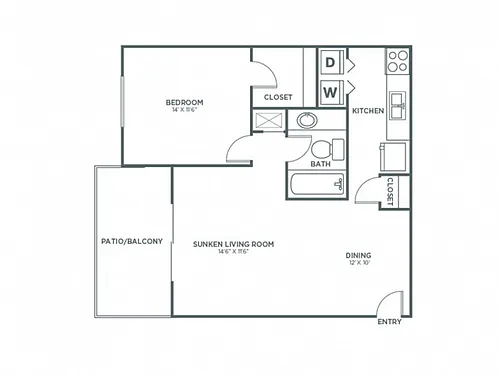 Floor plan One Bedroom One Bath (826 SF)