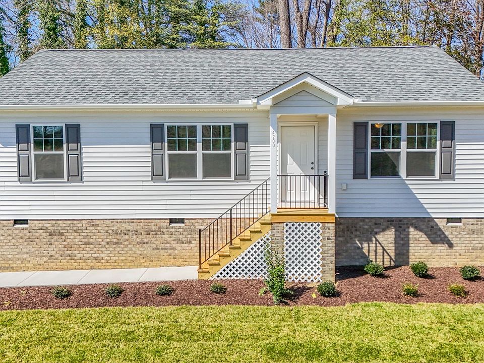 Single-story house with gray siding, brick foundation, and landscaped yard--ideal for new homes in R