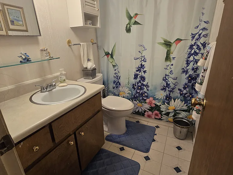 Hallway bathroom has both a medicine cabinet and wall-mounted cabinet.