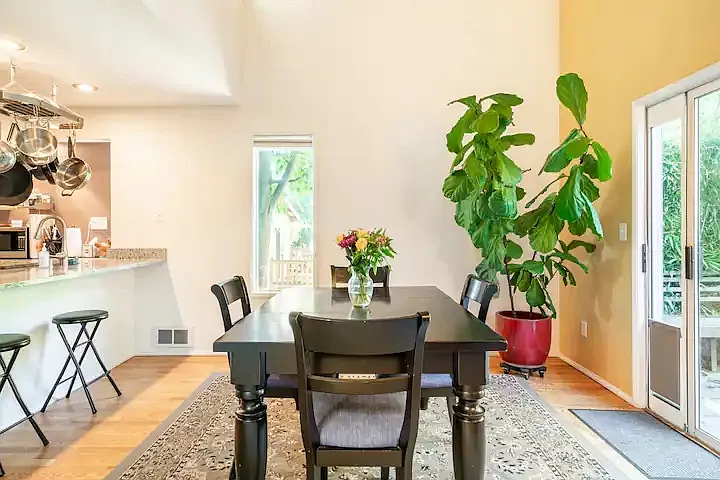 View of dining room table and stools to sit at kitchen depending on size of group. Large fiddle leaf fig tree purifying the air and warming the space.