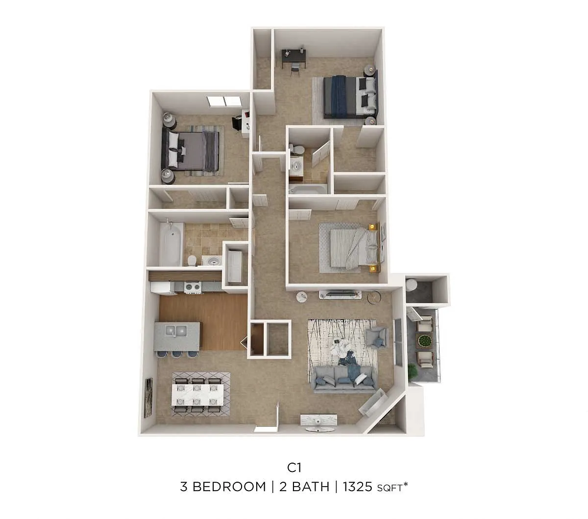 Floor plan Three Bedroom 2 Bath
