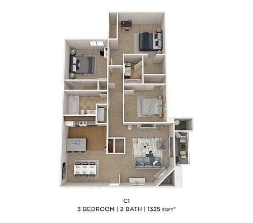 Floor plan Three Bedroom 2 Bath
