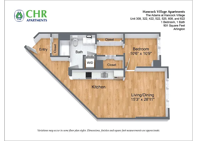 Floor plan 1 Bed/1 Bath Single Level - The Adams