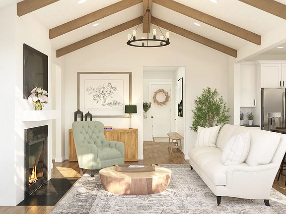 Great room with stained ceiling beams