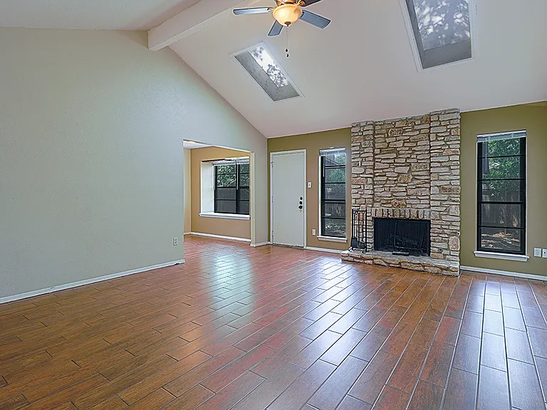 Front living area, skylights for natural lighting.