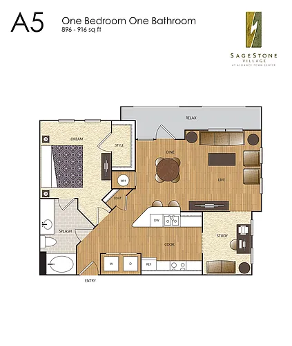 Floor plan A5 1 BR / 1 BA / Study