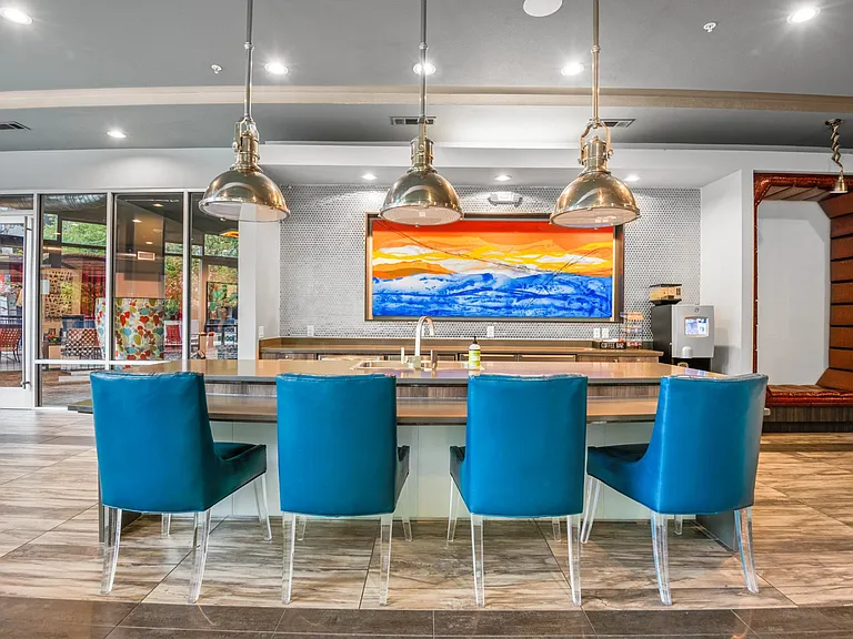 Bar seating in the community lounge at South Side Flats in Dallas TX