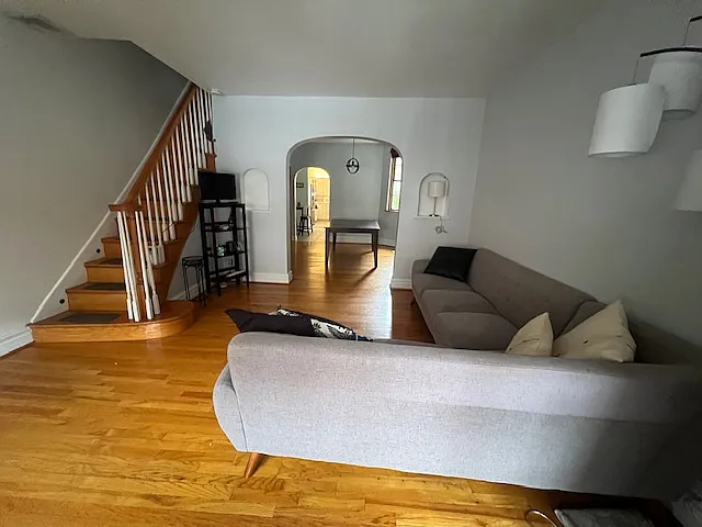 Front view of living room, looking into dining room