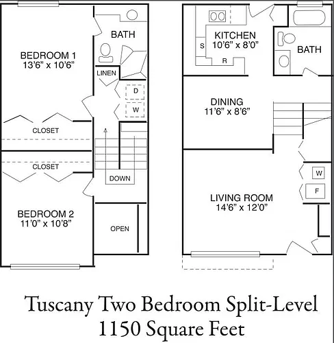 Floor plan 2 bedroom split level townhome