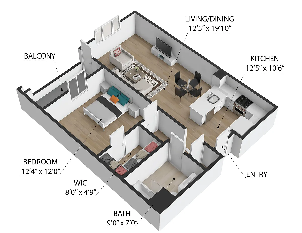 Floor plan 1 Bedroom, 1 Bathroom (A)