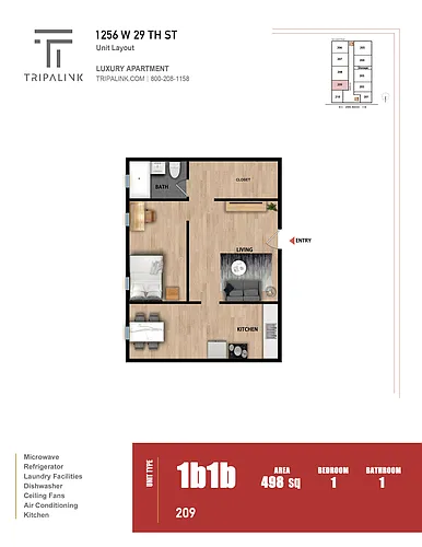 Floor plan 1 Bed 1 Bath - 498 sqft