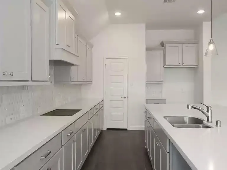 Kitchen gas stove on the left, Double sink to the right on the island. Walking pantry door in front.