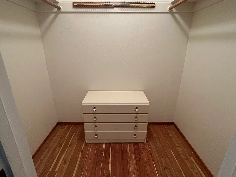 Closest in primary suite. All bedroom closets are lined with cedar wood floor, whose natural oils repel insects and resist decay.